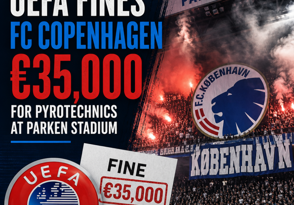 FC Copenhagen players and fans with flares at Parken Stadium, highlighting UEFA fine for pyrotechnics.