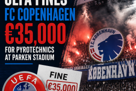 FC Copenhagen players and fans with flares at Parken Stadium, highlighting UEFA fine for pyrotechnics.