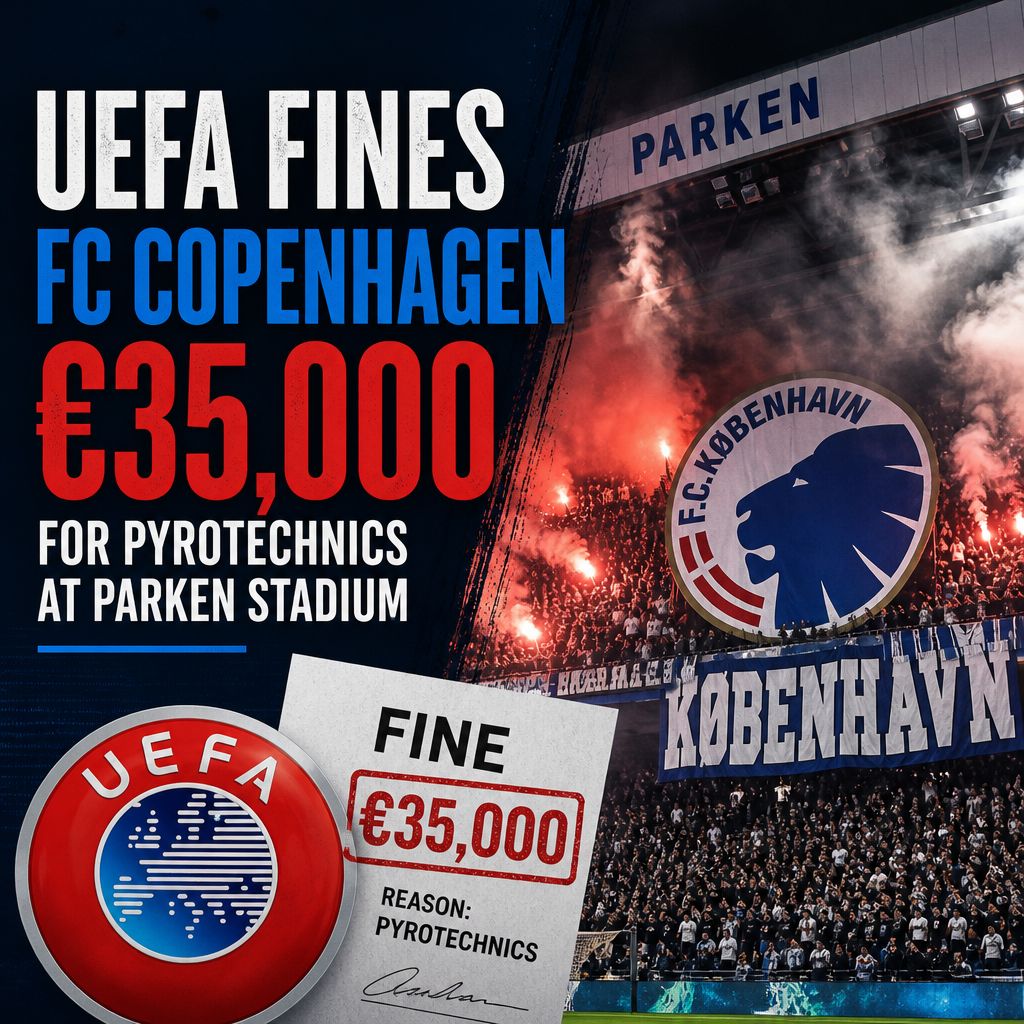FC Copenhagen players and fans with flares at Parken Stadium, highlighting UEFA fine for pyrotechnics.