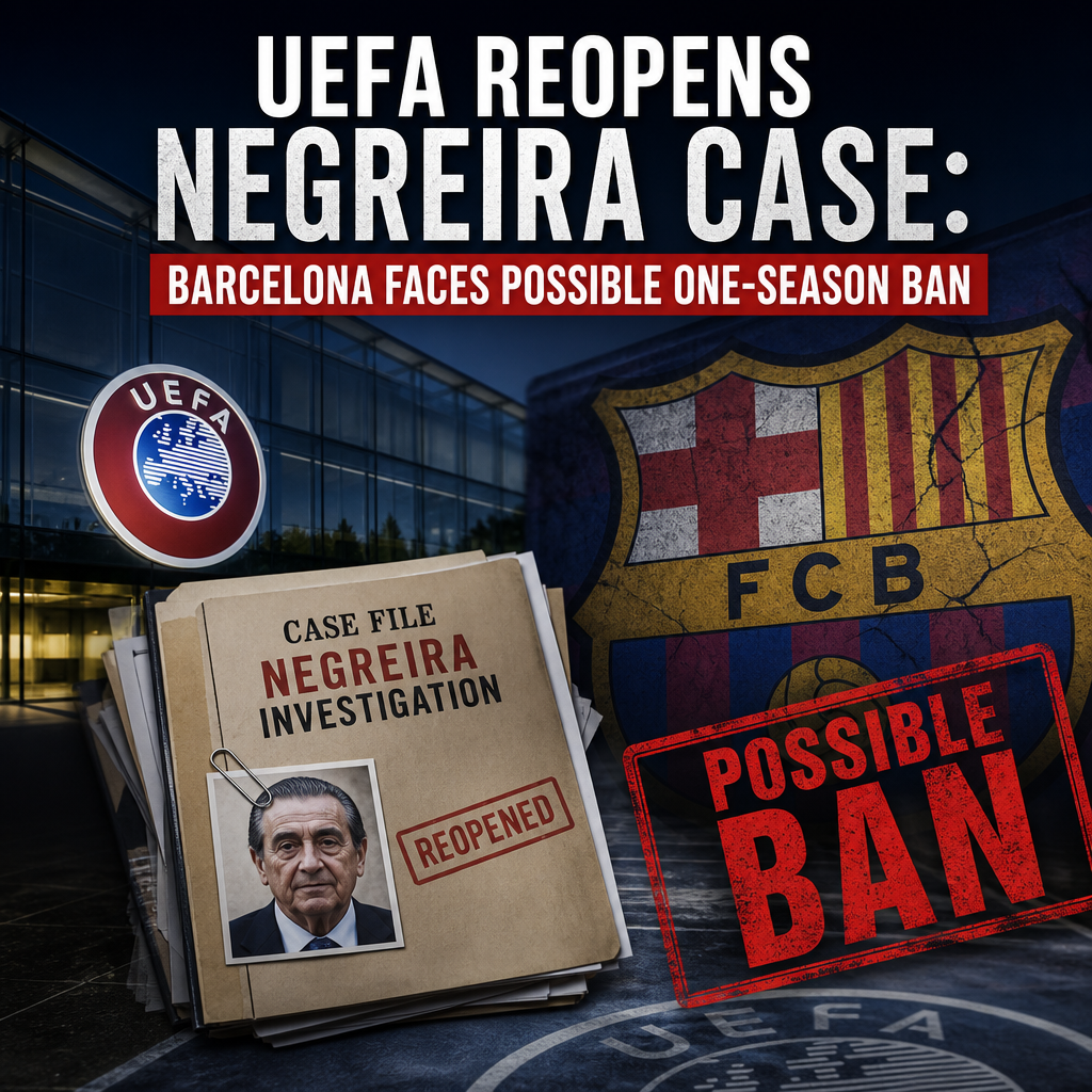 UEFA officials reviewing documents in an office as Barcelona faces a possible one-season ban in Negreira case.
