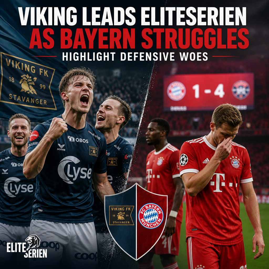 Viking FK players celebrating a goal as they lead Eliteserien, with Bayern Munich shown struggling defensively.