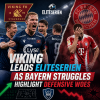 Viking FK players celebrating a goal in Eliteserien as Bayern Munich players look frustrated defensively.