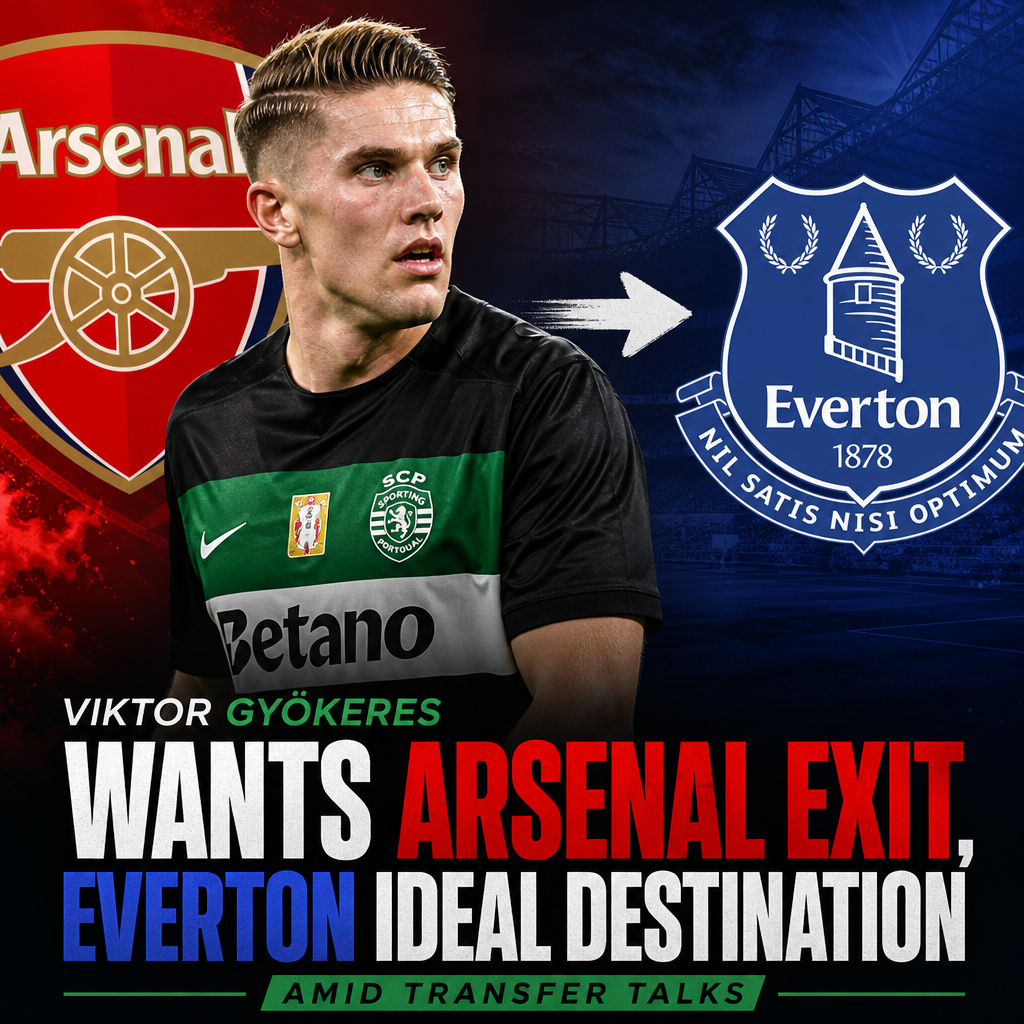 Viktor Gyökeres in Arsenal kit, looking determined, symbolizing his desire to move to Everton.
