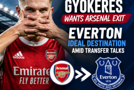 Viktor Gyökeres in an Arsenal jersey during a match, indicating his potential transfer to Everton.