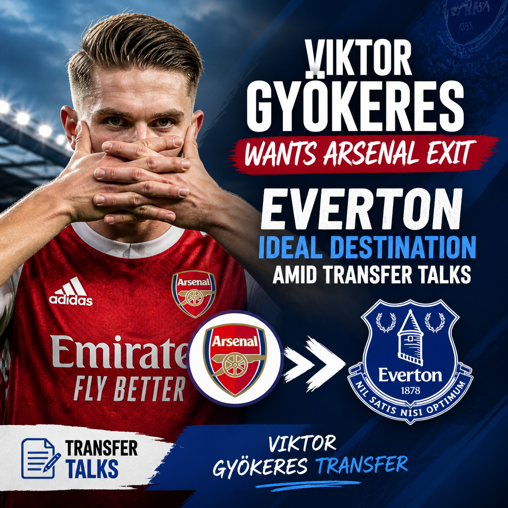 Viktor Gyökeres in an Arsenal jersey during a match, indicating his potential transfer to Everton.