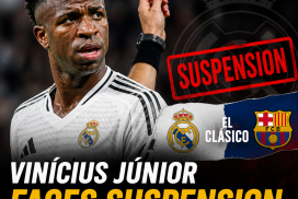 Vinícius Júnior looking disappointed after a red card, facing suspension likely to miss El Clásico.