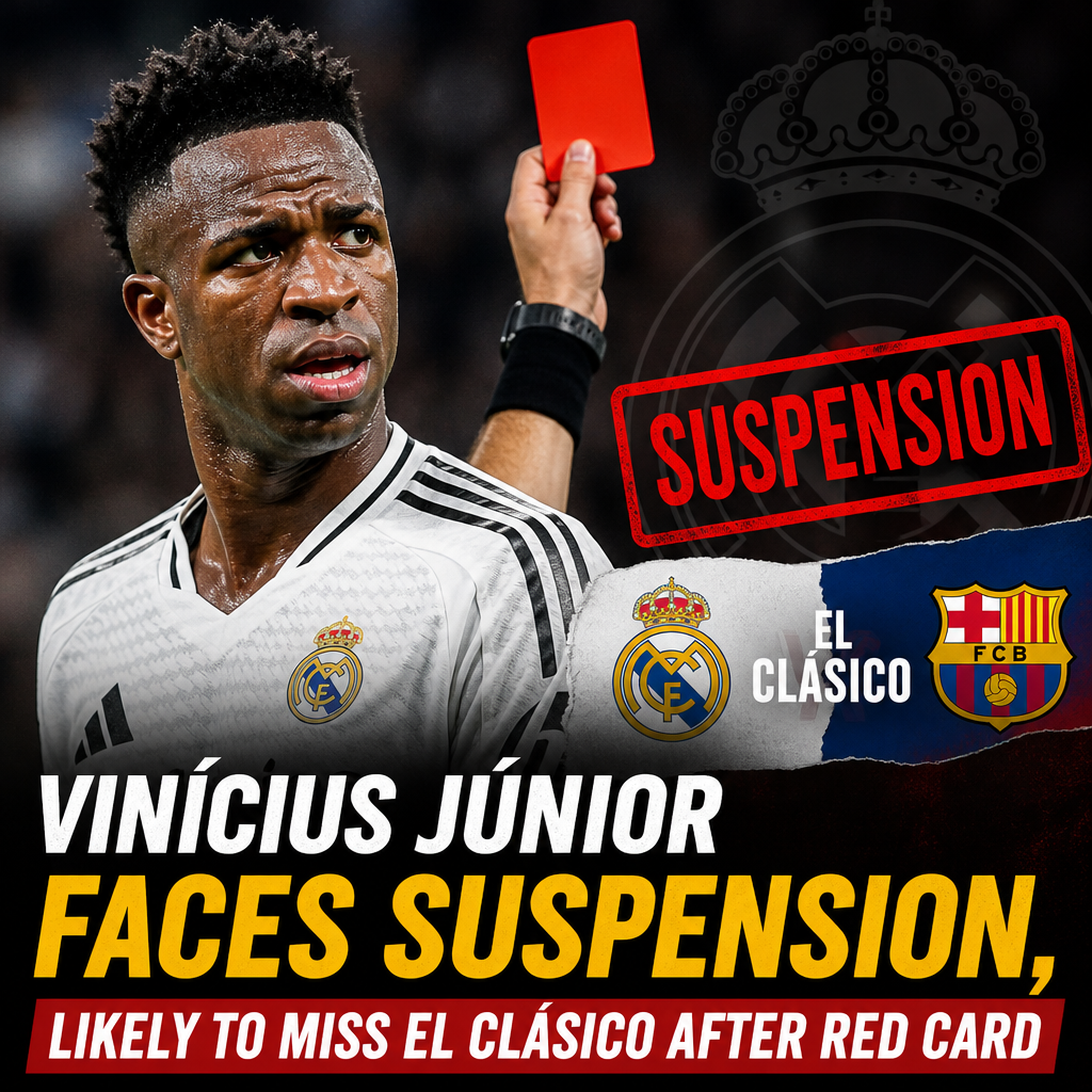 Vinícius Júnior looking disappointed after a red card, facing suspension likely to miss El Clásico.