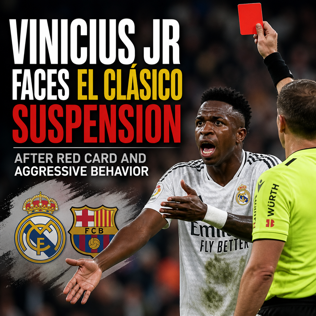 Vinicius Jr reacting emotionally on the field after receiving a red card during a football match.