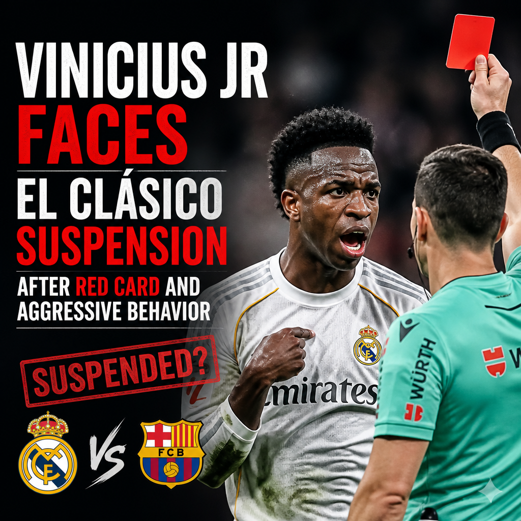 Vinicius Jr shows a frustrated expression after receiving a red card, risking suspension for El Clásico match.