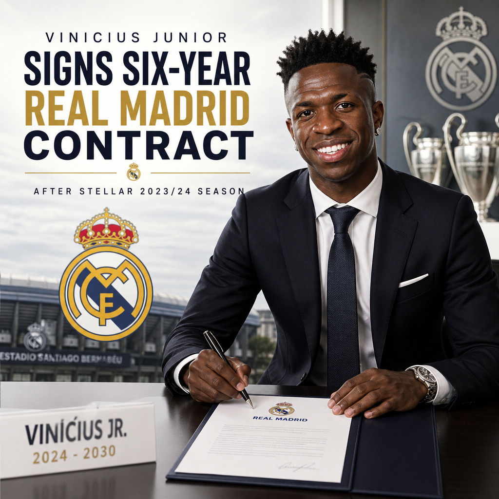 Vinicius Junior signing a six-year contract extension with Real Madrid at a press event.