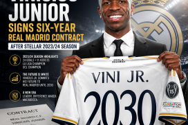 Vinicius Junior signing a six-year contract extension with Real Madrid, smiling and holding a pen.