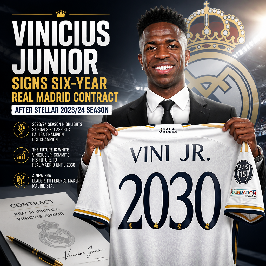 Vinicius Junior signing a six-year contract extension with Real Madrid, smiling and holding a pen.