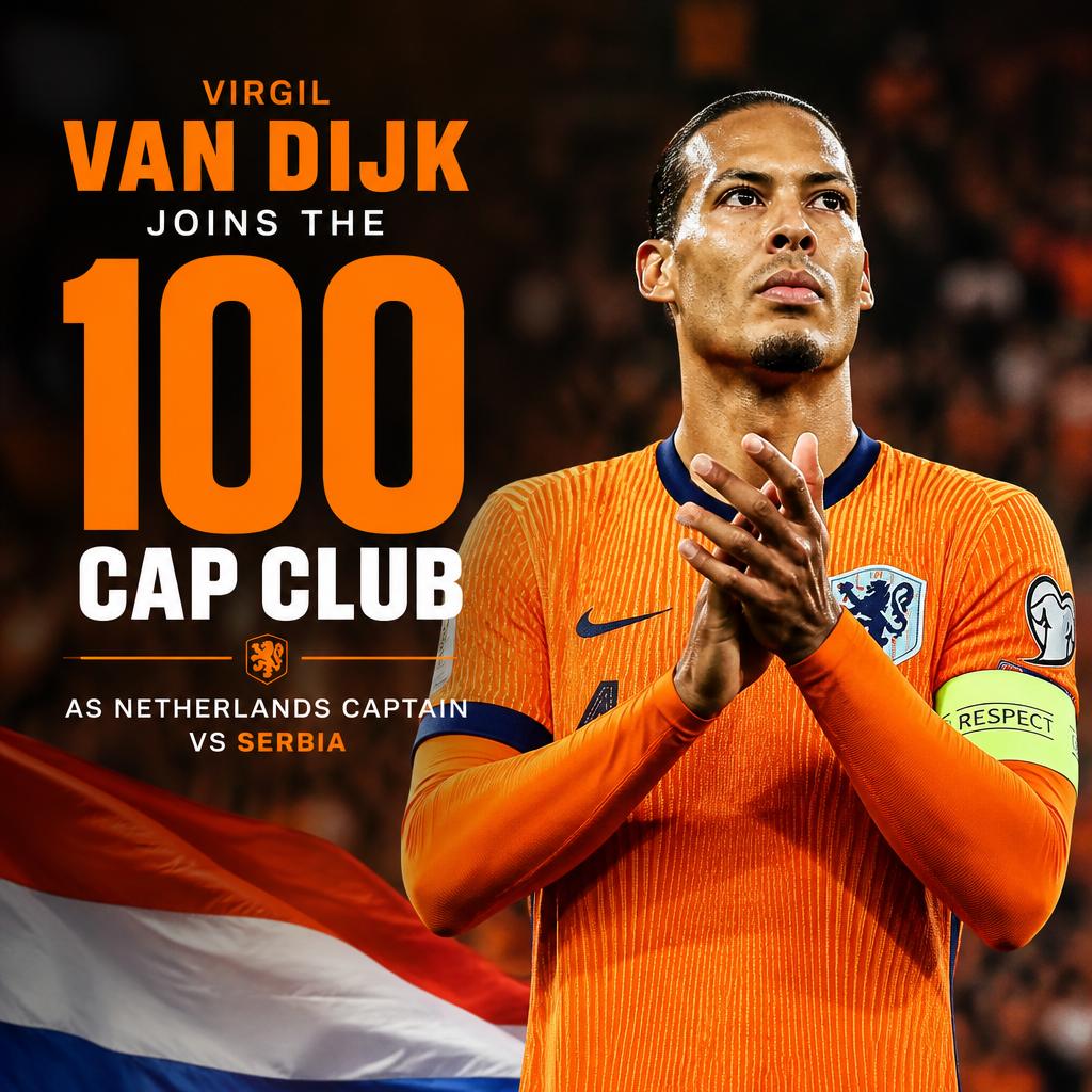 Virgil van Dijk celebrates after earning his 100th cap as Netherlands captain during a match against Serbia.