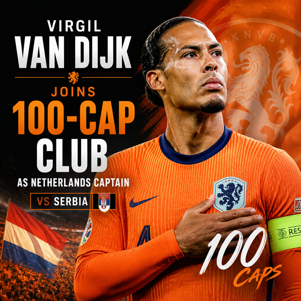 Virgil van Dijk in Netherlands kit celebrating after reaching 100 international caps as captain versus Serbia.